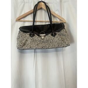 Helen Welsh Currency Black Leather Gray Acrylic Tweed Handbag Purse EC!